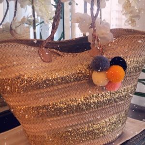 NEW Hand Woven Gold striped oversized beach bag